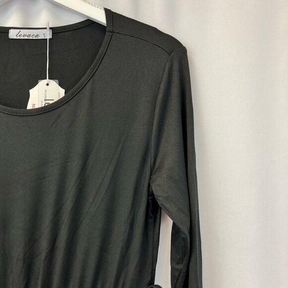 Levaca Womens Dress Black Midi Belted Long Sleeve Diagonal Ruffle Artsy S New - Picture 5 of 12